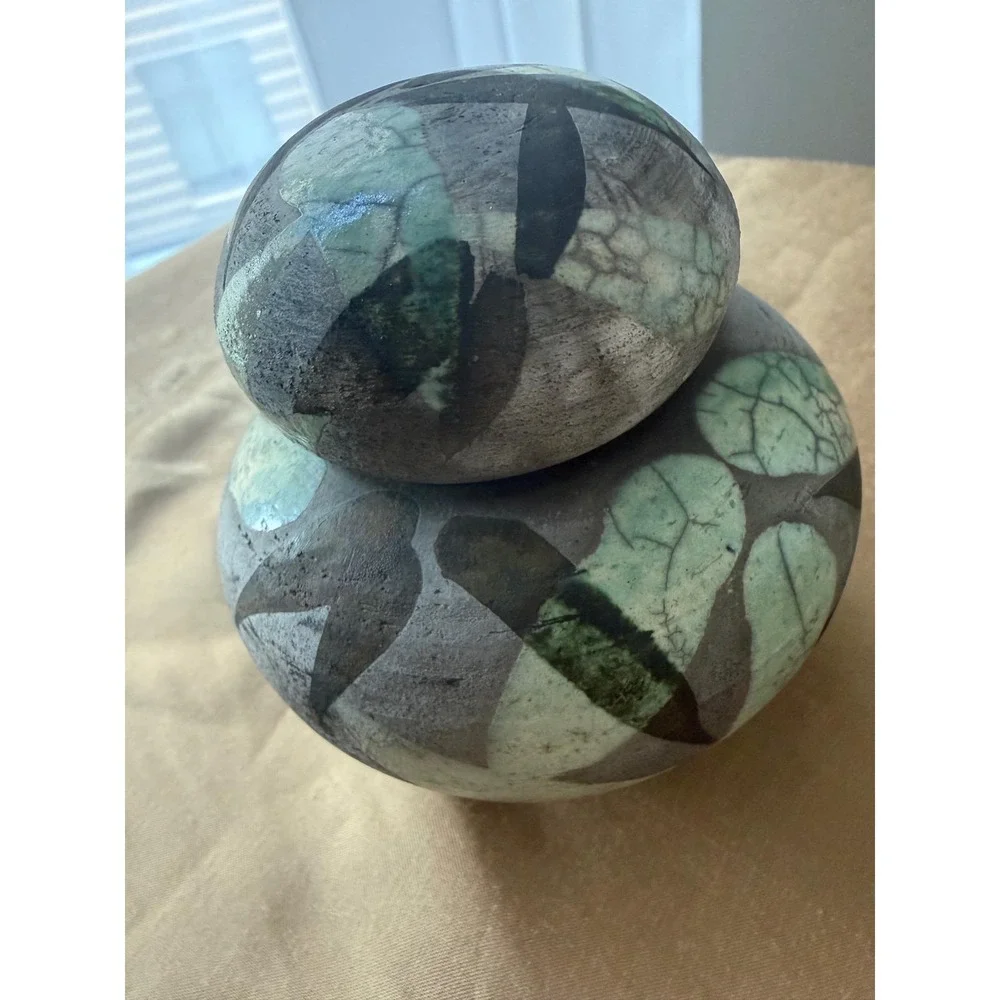 Lynn Dee Studio Pottery Raku Lidded Jar Green Grey Abstract Leaf Signed Art Ware